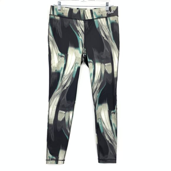 Fila Running Performance Leggings Womens Size Medium Black Gray Green Swirl - Picture 1 of 6